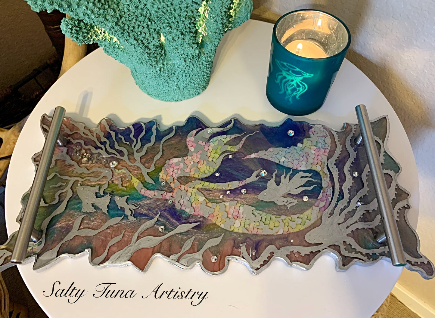 Vanity Tray or Charcuterie Board / Platter "Hide & Seek Siren" 14" X 7" Mermaid Art