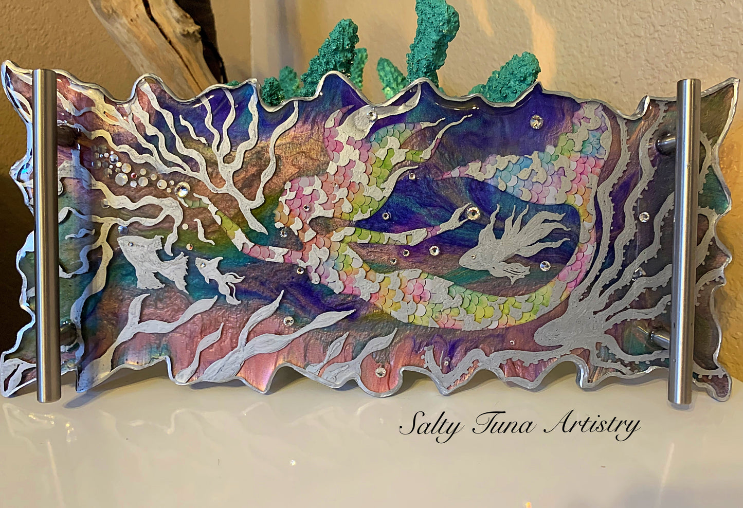 Vanity Tray or Charcuterie Board / Platter "Hide & Seek Siren" 14" X 7" Mermaid Art